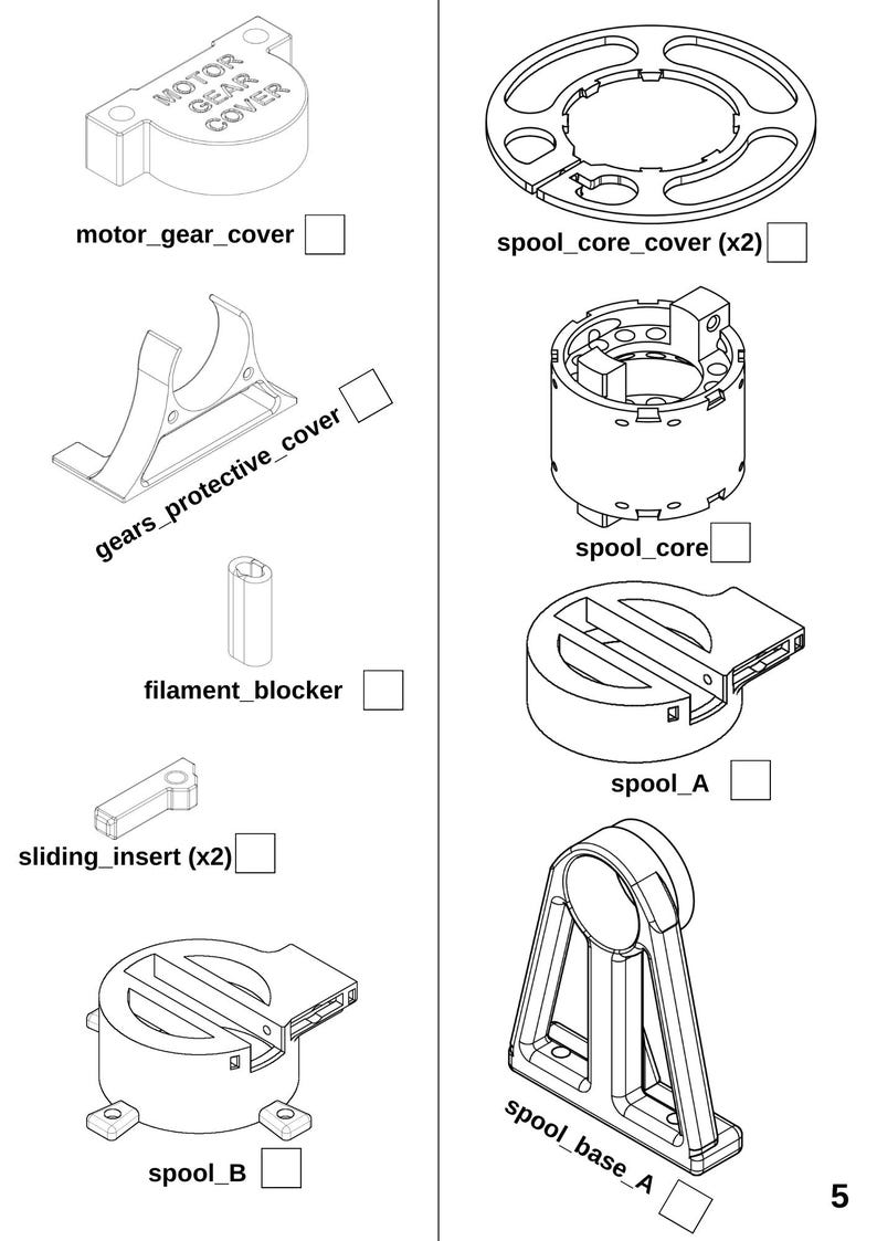 May include: A set of 3D printed parts for a 3D printer, including a motor gear cover, gears protective cover, filament blocker, sliding insert, spool core cover, spool core, spool A, spool B, and spool base A.