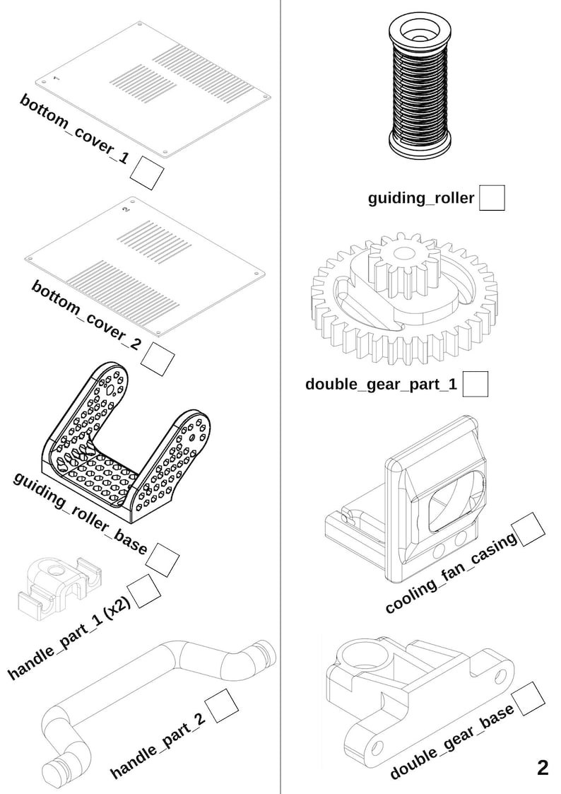 May include: Line drawing of a 3D model of a machine with various parts, including a base, a roller, a gear, a cover, a handle, and a fan casing. The parts are labeled with their names.