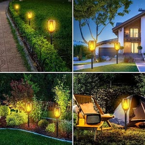 May include: Four solar powered flickering flame lights in different outdoor settings. The lights are black with a yellow flame effect. The lights are shown in a garden path, a backyard, and a campsite.