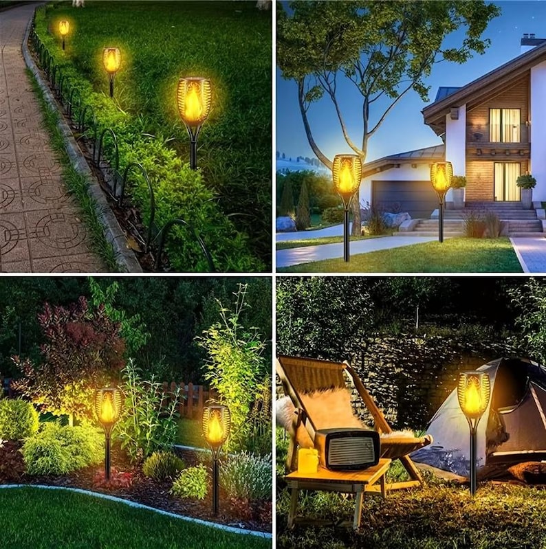 May include: Four solar powered flickering flame lights in different outdoor settings. The lights are black with a yellow flame effect. The lights are shown in a garden path, a backyard, and a campsite.