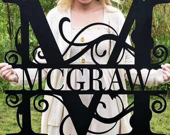 May include: Black metal monogram sign with the letter M and the last name McGraw. The sign has a decorative scroll design.