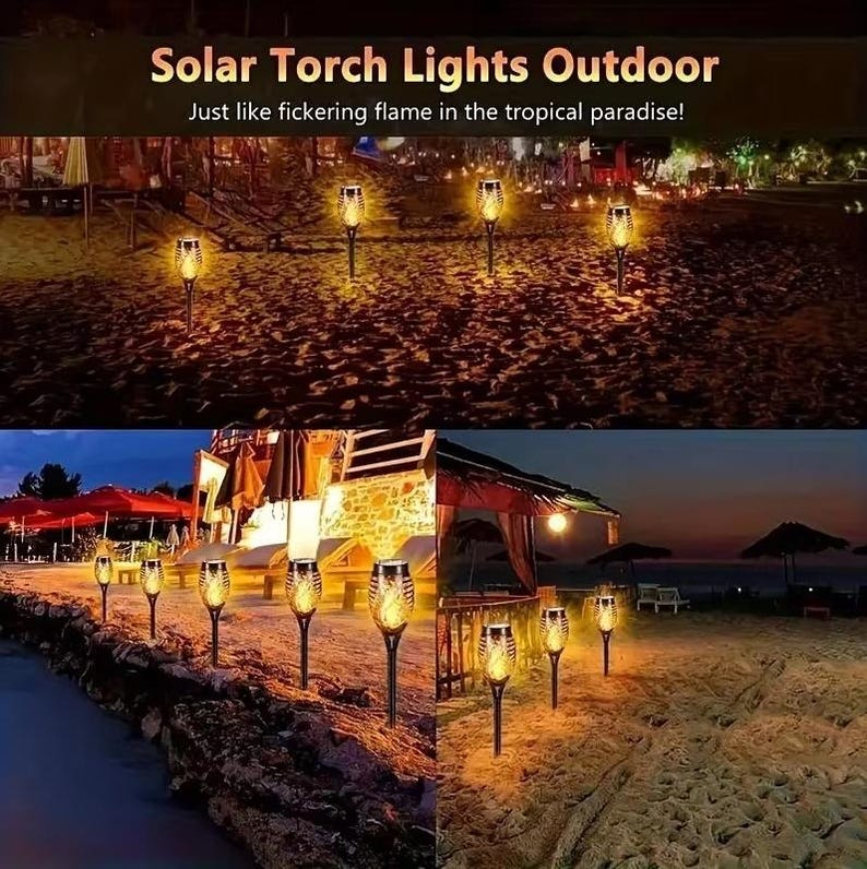 May include: Solar powered torch lights with a flickering flame effect. The lights are placed on a sandy beach at night, creating a warm and inviting atmosphere.  "Solar Torch Lights Outdoor" and "Just like flickering flame in the tropical paradise!" are written in the image.