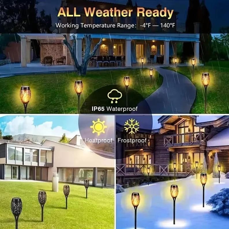 May include: A set of solar powered flame effect pathway lights. The lights are waterproof and can withstand temperatures from -4&deg;F to 140&deg;F. The lights are shown in various outdoor settings, including a grassy lawn, a paved walkway, and a snowy landscape.