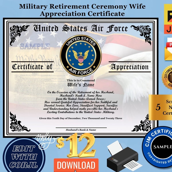 Personalized Military Retirement Wife Appreciation Certificate-PDF-JPG-Write Your Own Message-Template-Great for a Military Ceremony!