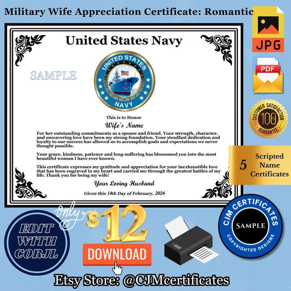 Personalized Mother's Day Romantic Certificate-Military-PDF-JPG-Write Your Own Message-Template-Great Mother's Day Gift!