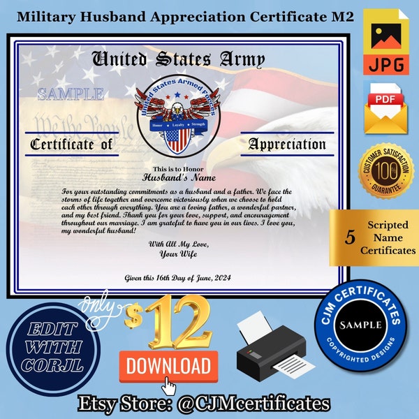 Personalized Military Husband Appreciation Certificate 2-PDF-JPG-Write Your Own Message-Template-Great Father's Day Gift!