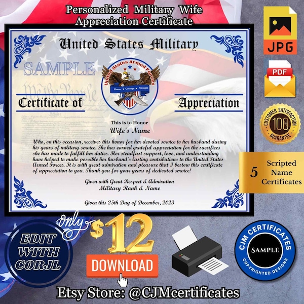 Personalized Military Wife Appreciation Certificate-PDF-JPG-Write Your Own Message-Template-Great Gift!