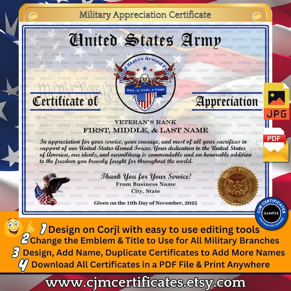 US Army Appreciation Certificate 016-Customize with CORJL-Unlimited Names and Downloads-PDF/JPGs