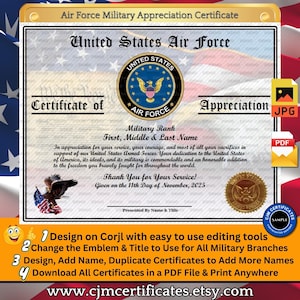 Custom Air Force Appreciation Certificate: Printable Military Award (PDF/JPG Design