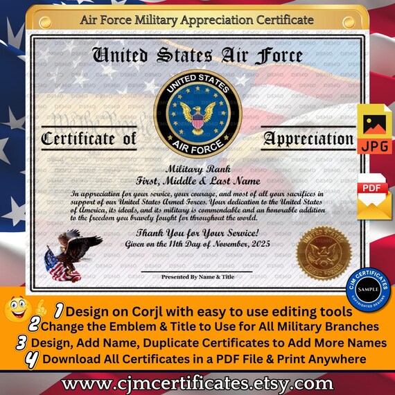 Air Force Military Appreciation Certificate 002-Customize with CORJL-Unlimited Names and Downloads-PDF/JPG-Design for Any Service Branch