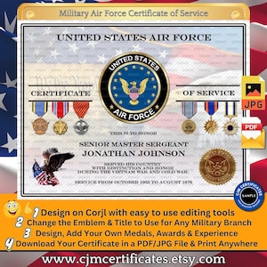 US Military Certificate of Service with Medals 064-Customize with CORJL-Use for Any Branch-PDF/JPGs