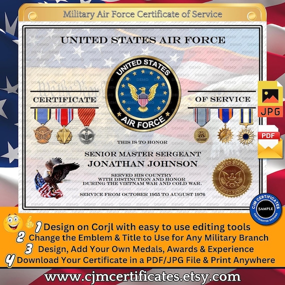US Military Certificate of Service with Medals 064-Customize with CORJL-Use for Any Branch-PDF/JPGs