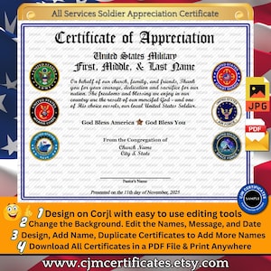 Custom Soldier Appreciation Certificate: All Military Branches (PDF/JPG)