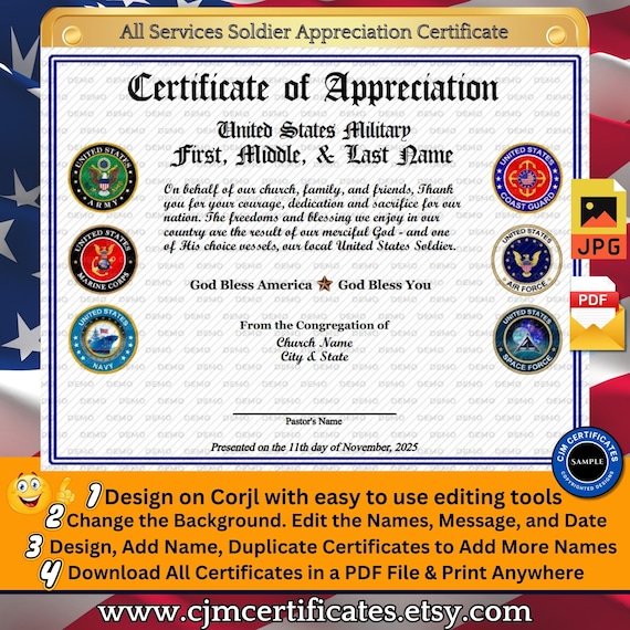 All Services Soldier Appreciation Certificate 012-Perfect for Veterans Day! Customize with CORJL-Unlimited Names and Downloads-PDF/JPG