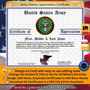 Army Veteran Appreciation Certificate 004-Customize with CORJL-Unlimited Names and Downloads-PDF/JPG-Design for Any Service Branch