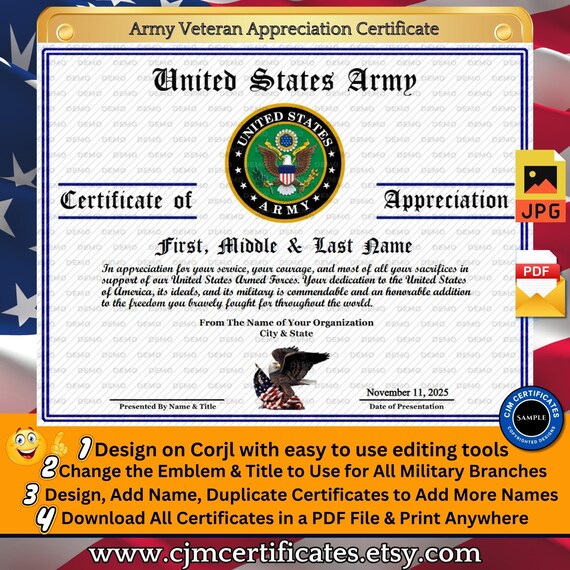 Army Veteran Appreciation Certificate 004-Customize with CORJL-Unlimited Names and Downloads-PDF/JPG-Design for Any Service Branch
