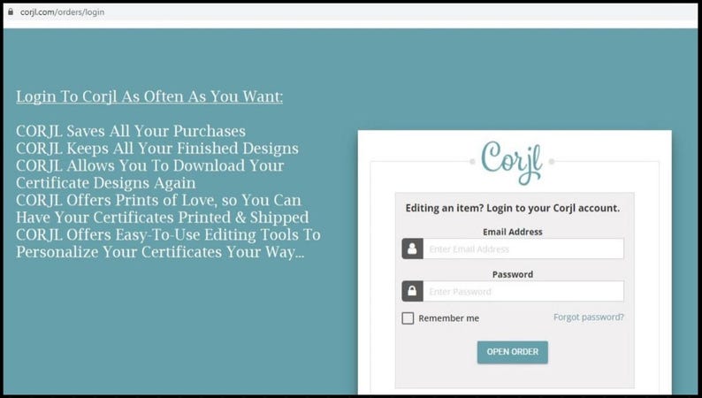 May include: A teal webpage interface for Corjl featuring a login box with fields for email address and password. Text on the left lists benefits including saving purchases, keeping finished designs, downloading certificates, and using editing tools.