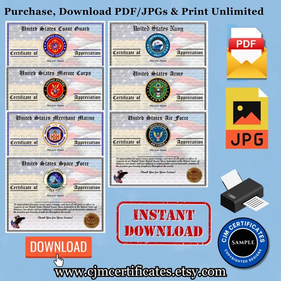Veteran Appreciation Certificates Pack A3-Veterans Day!-Instant Download-Unlimited Prints-JPG and PDF Downloads-7 Branches
