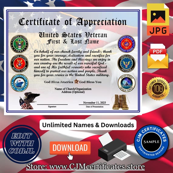 100+ Veteran Certificates: Veterans Day Gift, All Branches, Self-Design Ministry-Unlimited Names & Downloads (PDF/JPG) 034