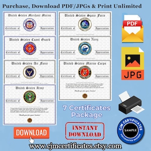 Military Appreciation Certificates Pack D52-Military Events!-Instant Download-Unlimited Prints-JPG and PDF Downloads-7 Certificates