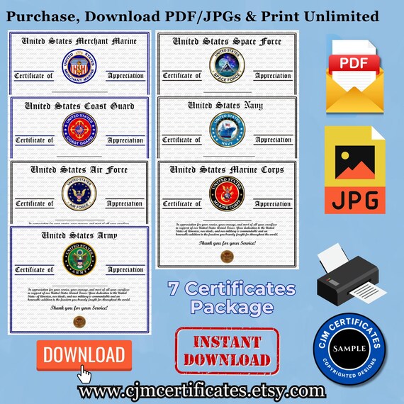 Military Appreciation Certificates Pack D52-Military Events!-Instant Download-Unlimited Prints-JPG and PDF Downloads-7 Certificates