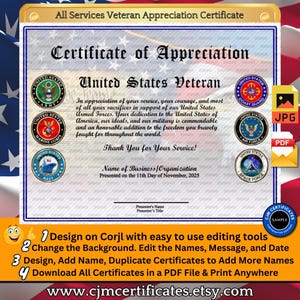 Custom Veteran Appreciation Certificate: All Military Branches (PDF/JPG)