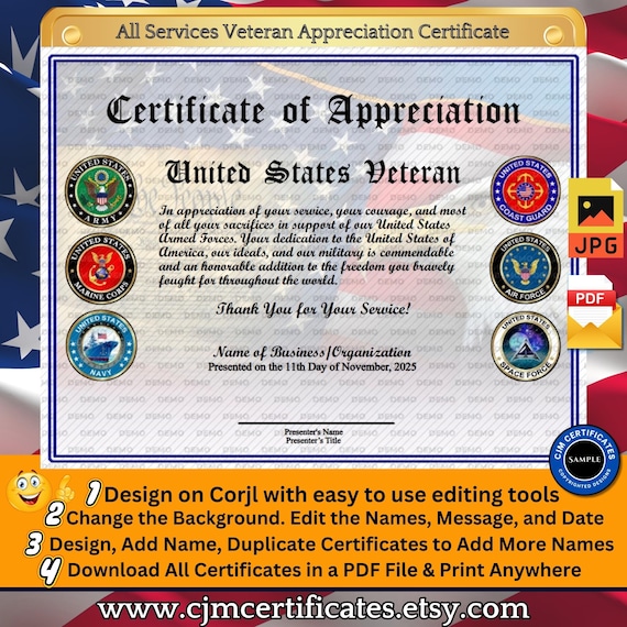 All Services Veteran Appreciation Certificate 015-Perfect for Veterans Day! Customize with CORJL-Unlimited Names and Downloads-PDF/JPG