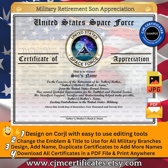 Military Retirement Son Appreciation 023-Customize with CORJL-Use for Any Branch-PDF/JPGs