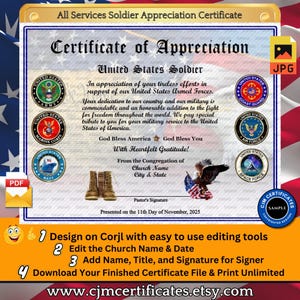 Custom Soldier Appreciation Certificate: All Services, Unlimited Downloads (PDF/JPG)