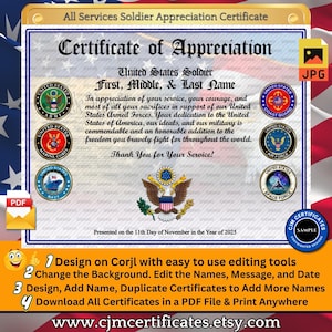 Soldier Appreciation Certificate: All Military Branches, Customizable (PDF/JPG)