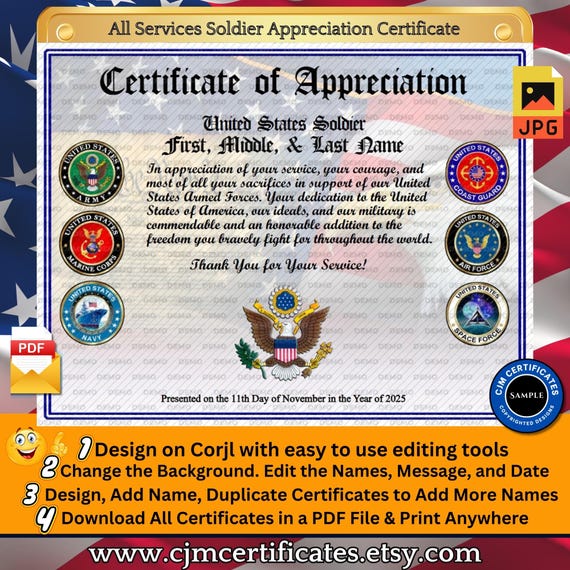 All Services Soldier Appreciation Certificate 010-Perfect for Veterans Day! Customize with CORJL-Unlimited Names and Downloads-PDF/JPG