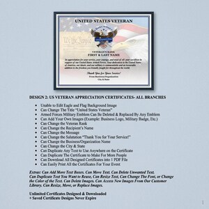 May include: A rectangular certificate titled UNITED STATES VETERAN featuring a bald eagle emblem, a United States flag background, and the text We The People. The document includes placeholders for rank, name, and a message of appreciation.