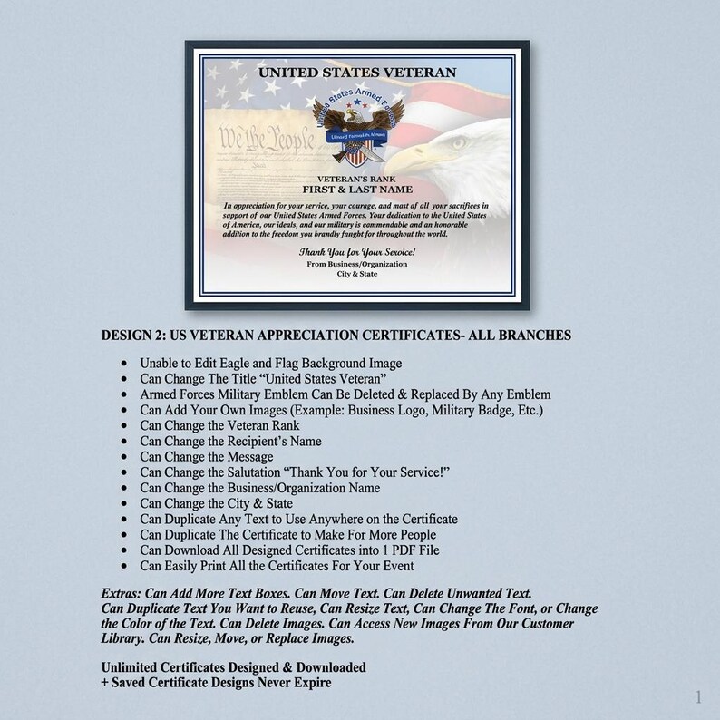 May include: A rectangular certificate titled UNITED STATES VETERAN featuring a bald eagle emblem, a United States flag background, and the text We The People. The document includes placeholders for rank, name, and a message of appreciation.