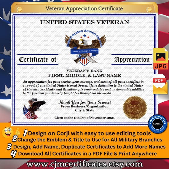 US Veteran Appreciation Certificate 014-Customize with CORJL-Unlimited Names and Downloads-PDF/JPGs