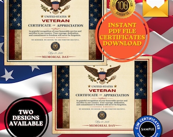 May include: Two certificates of appreciation for veterans, featuring the text "United States Veteran Certificate of Appreciation" with an eagle emblem. The certificates have a patriotic design with stars and stripes, and the text "Memorial Day".