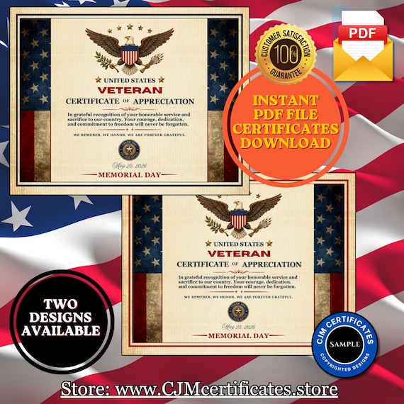 Memorial Day Veteran Certificate-Instant Download-Unlimited Prints-PDF