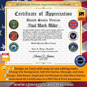 Custom Veteran Appreciation Certificate: All Services, Unlimited Names (PDF/JPG)