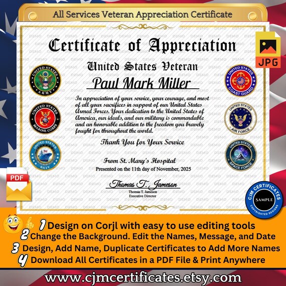 All Services Veteran Appreciation Certificate 005-Perfect for Veterans Day! Customize with CORJL-Unlimited Names and Downloads-PDF/JPG