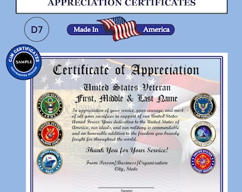 May include: A white certificate of appreciation for United States veterans featuring the text All Services Veteran Appreciation Certificates, Made In America, and a background with a bald eagle and American flag. Includes six military branch seals.