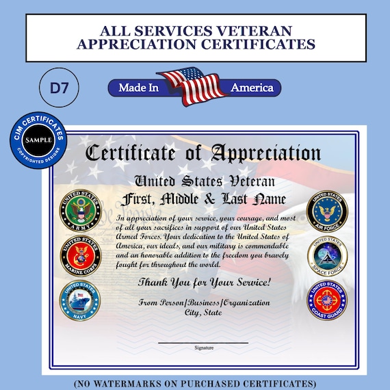 D7 Custom Veterans Certificates: Veterans Day Gifts, Editable & Downloadable (PDF/JPG) 001