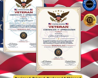 May include: Two framed certificates of appreciation for veterans, featuring the US flag, an eagle emblem, and the text "United States Veteran Certificate of Appreciation." The certificates include the name "John A. Thompson" and are dated May 25, 2026.