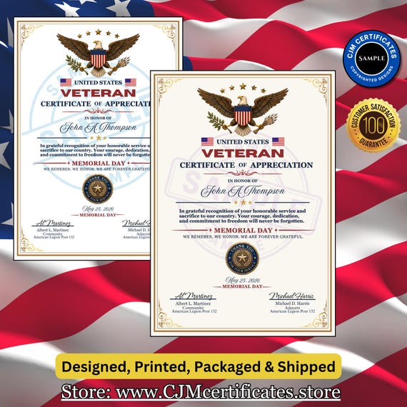 Memorial Day Veteran Certificates-Designed for You-Up to 10 Scripted Names-Fast Shipping