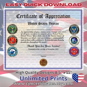 All Services Veteran Appreciation Certificate 1A2-Instant Download-Unlimited Prints-JPG and PDF Download
