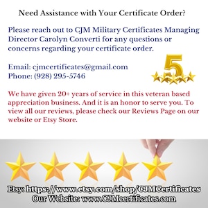 May include: Informational graphic for CJM Military Certificates with contact details for Carolyn Converti, including email cjmcertificates@gmail.com and phone (928) 295-5746. Features a gold number 5 with stars and a five-star rating graphic.