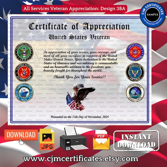 All Services Veteran Certificates 3BA-Veteran's Day!-Instant Download-Unlimited Prints-JPG and PDF Download