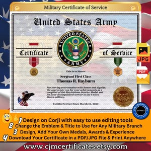 US Army Certificate of Service with Medals 052-Customize with CORJL-Unlimited Names and Downloads-PDF/JPGs