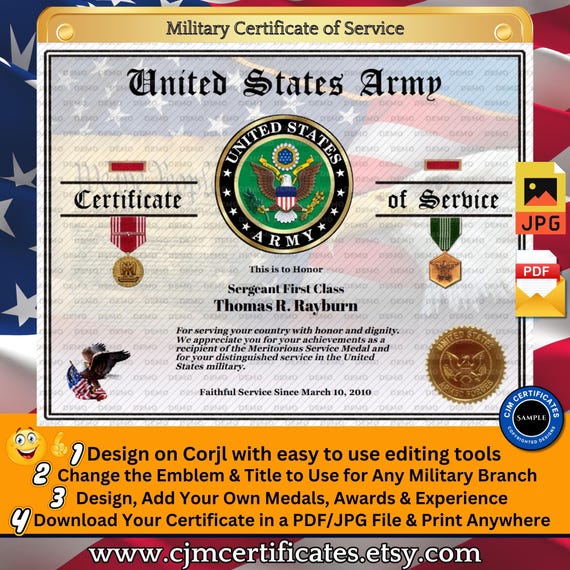 US Army Certificate of Service with Medals 052-Customize with CORJL-Unlimited Names and Downloads-PDF/JPGs