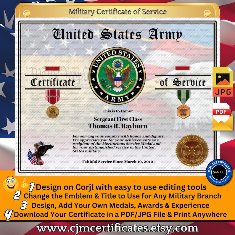 US Army Certificate of Service With Medals 052-customize With Corjl ...