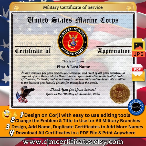 Marine Corps Veteran Appreciation Certificate 007-Customize with CORJL-Unlimited Names and Downloads-PDF/JPG-Design for Any Service Branch