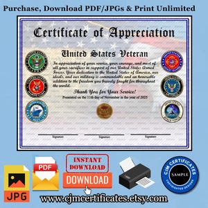 All Services Veteran Certificates 3A-Veterans Day!-Instant Download-Unlimited Prints-JPG and PDF Download-3 Signatures